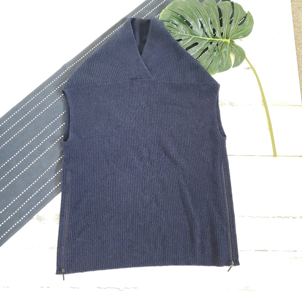 Kinross Cashmere| Popover Short Cap Sleeve Sweater Navy Size Small